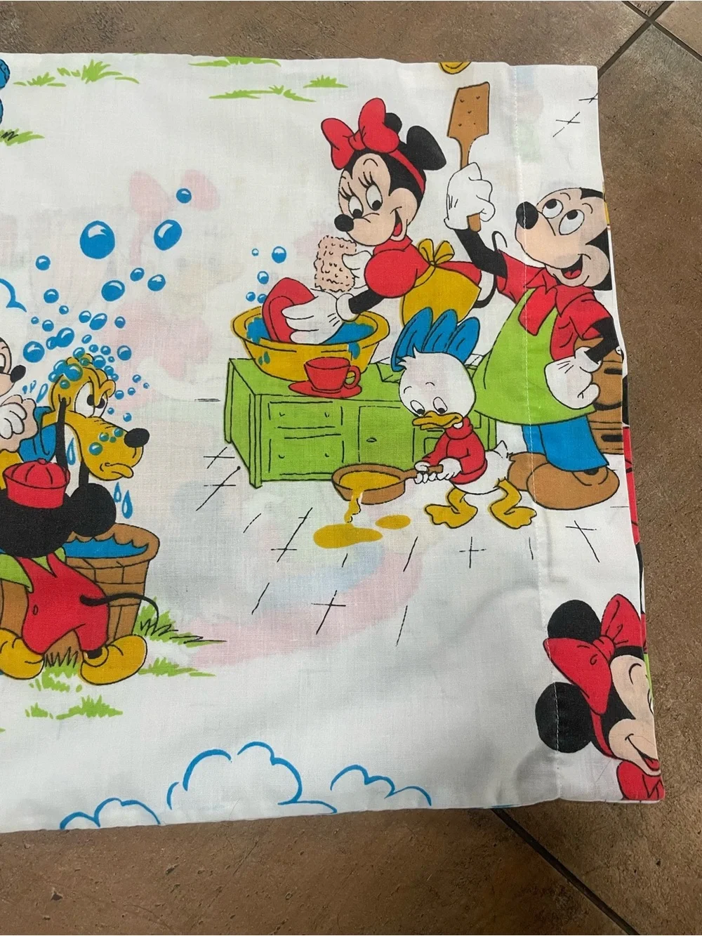 VTG Disney Mickey Mouse Chores Pillowcase Donald Daisy Minnie Pluto Double Sided